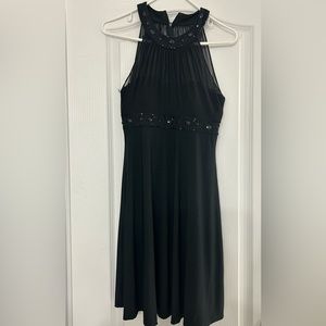 black evening dress with mesh halter top